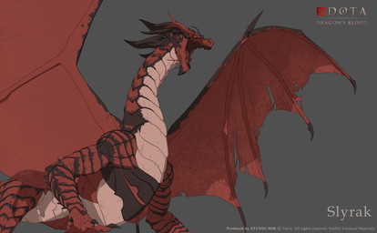 6_limbs amber_eyes arm_spikes barbel_(anatomy) black_sclera brown_claws brown_horn chin_horn chin_spikes claws copyright_symbol countershade_neck countershade_scales countershade_torso countershading exposed_teeth facial_horn facial_spikes feral flesh_whiskers grey_background head_horn horn logo low-angle_view male male_feral membrane_(anatomy) membranous_wings multi_horn notched_wings open_mouth pupils quadruped red_body red_scales red_wings scales simple_background slim_feral slim_male slit_pupils snout solo spikes spikes_(anatomy) spread_wings standing symbol text tongue_showing wing_claws wings unknown_artist dota dota_dragon's_blood mythology netflix valve valve_corporation slyrak deity dragon eldwurm_(dragon's_blood) mythological_creature mythological_scalie scalie 2021 3d_(artwork) absurd_res cel_shading character_name concept_art copyright_name digital_media_(artwork) english_description english_text hi_res official_art portrait shaded three-quarter_portrait
