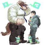 anthro backpack balls_outline belt beverage big_bulge big_muscles big_pecs black_hair bodily_fluids bottomwear brown_body brown_fur bulge clothing coffee detailed_bulge exclamation_point facial_scar family footwear fur genital_outline group hair hand_behind_back hoodie human_on_anthro interspecies larger_anthro larger_male male male/male multicolored_body multicolored_fur muscular muscular_anthro muscular_male necktie pants pecs penis_outline scar sharp_teeth shoes size_difference smaller_human smaller_male suit sweat sweatdrop tail teeth topwear white_body white_fur young young_anthro young_male chan_kiti_chan canid canine canis human mammal wolf 1:1 hi_res father_(lore) father_and_child_(lore) father_and_son_(lore) parent_(lore) parent_and_child_(lore) parent_and_son_(lore) son_(lore)