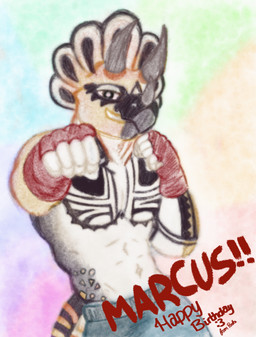 anthro arm_tattoo chest_tattoo clothed clothing hand_wraps happy_birthday horn looking_at_viewer male neck_tattoo pecs punching_air pupils sleeve_tattoo smile solo tail tail_pattern tattoo teeth_showing text topless white_pupils wraps pookashifts ceratopsian ceratopsid chasmosaurine dinosaur marginocephalian ornithischian prehistoric_species reptile scalie triceratops absurd_res artist_name character_name hi_res sketch
