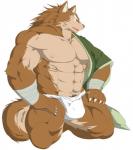 abs anthro asian_clothing bandage biceps big_muscles biped black_eyes bottomwear brown_body brown_fur brown_hair bulge claws clothed clothing east_asian_clothing fangs fundoshi fur grey_nose hair japanese_clothing kemono kimono kneeling male muscular muscular_anthro muscular_male nipples open_clothing open_mouth open_shirt open_topwear pecs pose pubes robe shirt simple_background solo tan_body tan_fur teeth tongue topwear underwear undressing white_background gawein-dragon canid canine canis mammal wolf