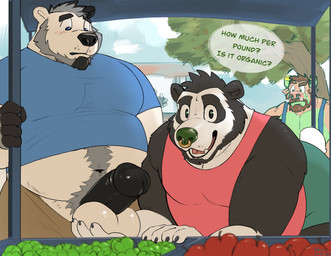 anthro anthro_on_anthro apple ball_fondling balls barazoku beard belly belly_overhang bent_over big_balls big_belly big_muscles big_penis blush bodily_fluids body_hair bottomwear bottomwear_down breath casual_groping claws clothed clothing day dialogue erection exhibitionism eyebrows facial_hair facial_piercing first_person_view fondling food fruit genitals glans group hair happy_trail horn humanoid_genitalia humanoid_penis kemono looking_at_another looking_at_viewer male male/male muscular navel nose_piercing nose_ring outside pants pants_down partially_clothed pecs penis piercing plant pubes public public_exposure ring_piercing shirt shorts sky smile standing store suspenders sweat talking_to_viewer tank_top teeth text thick_penis topwear tree trio bin_(artist) bear bovid bovine cattle giant_panda mammal polar_bear ursine 2025 english_text hi_res
