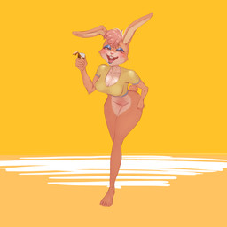 anthro big_breasts blush breasts brown_body brown_eyes brown_fur candy chocolate chocolate_milk cleavage clothed clothing dessert eyeshadow female flavored_milk food fur lipstick makeup mascot milk open_mouth pantsless smile solo sunrim nesquik nesquik_bunny lagomorph leporid mammal rabbit 1:1 absurd_res hi_res