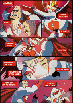 blood bodily_fluids cape clapping clenched_teeth clothing duo fangs female fight fist flying group hell kick male open_mouth punch red_eyes saliva teeth text wings kato777 hazbin_hotel hellaverse image_comics invincible_(image_comics) lucifer_(hazbin_hotel) omni-man demon absurd_res comic english_text hi_res