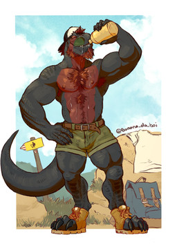 anthro armpit_hair backpack backwards_baseball_cap backwards_hat baseball_cap beard belt black_body black_scales bodily_fluids body_hair bottle bottomwear bulge chest_hair claws clothed clothing container discarded_clothing drinking facial_hair footwear furgonomics hair hat headgear headwear male muscular muscular_anthro muscular_male nipples red_hair scales shoes shorts sign solo sweat topless topless_male water_bottle banana_da_boi tagg dinosaur prehistoric_species reptile scalie theropod tyrannosaurid tyrannosauroid tyrannosaurus tyrannosaurus_rex absurd_res hi_res