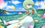 2020 ambiguous_gender cloud day detailed_background female flower gardevoir generation_3_pokemon grass hakuginnosora nintendo not_furry plant pokemon pokemon_(species) red_eyes smile solo water