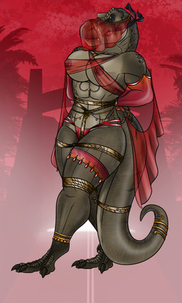 angry anthro bdsm big_breasts bondage bound breasts brown_body cleave_gag cloth clothing face_veil female gag gagged harem harem_jewelry harem_outfit muscular muscular_female nipples non-mammal_breasts non-mammal_nipples rope rope_gag solo tail thick_thighs translucent translucent_clothing walking lovemummification jurassic_park universal_studios rexy_(jurassic_park) dinosaur prehistoric_species reptile scalie theropod tyrannosaurid tyrannosauroid tyrannosaurus tyrannosaurus_rex hi_res