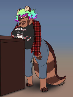 anthro barefoot big_breasts black_clothing black_shirt black_topwear bottomwear breasts brown_body brown_fur claws clothing feet female fur green_hair hair looking_aside pants plaid shirt simple_background smile solo standing tail topwear halcy0n canid canine hybrid mammal pangolin raccoon_dog tanuki 2025 digital_media_(artwork) hi_res