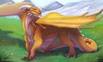 big_muscles claws feral field gold_scales grass horn long_tail male mountain muscular muscular_feral muscular_male outside plant solo standing tail wings yellow_eyes qwertydragon mythology valeryn_brightscale dragon mythological_creature mythological_scalie scalie hi_res