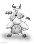 2_horns auxiliary_nipple bell belly big_belly breasts breasts_and_teats container cowbell crouching cup dish eyes_closed female holding_breast hooves horn nipples open_mouth overweight quad_nipples simple_background smile solo tail tail_tuft teats tray tuft udder_breasts udders white_background demon-man european_mythology greek_mythology mythology bovid bovine horned_humanoid humanoid mammal minotaur tailed_humanoid monochrome