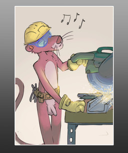 anthro armor balls casual_nudity chop_saw cutting_metal eyewear flaccid foreskin front_view genitals goggles hard_hat headgear helmet male mostly_nude osha_violation penis power_tool safety_goggles saw solo sparks three-quarter_view tool_belt tools workbench mindkog pink_panther_(series) pink_panther felid mammal pantherine hi_res