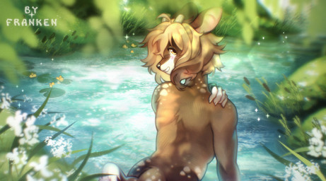 anthro blonde_hair brown_body brown_fur cattail_(plant) fur grass hair hand_on_shoulder horn lake looking_at_viewer looking_back looking_back_at_viewer male nude open_mouth plant rear_view smile solo tail water franken deer mammal 2025 digital_media_(artwork) hi_res