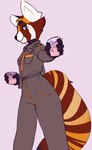 alcohol anthro athletic athletic_anthro athletic_male beverage big_tail clothing feminine_pose inviting jumpsuit male markings military military_uniform offering_beverage ring_(marking) ringed_tail smile solo striped_markings striped_tail stripes tail tail_markings uniform sleepyscreen charlie_(razumi) ailurid mammal red_panda hi_res