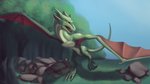 feral field forest green_body landscape looking_aside membrane_(anatomy) membranous_wings open_mouth outside plant raised_leg solo tail tree wings superagro european_mythology mythology dragon mythological_creature mythological_scalie scalie western_dragon wyvern 16:9 hi_res widescreen