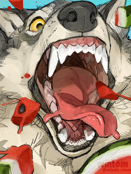 ambiguous_form ambiguous_gender black_lips black_nose blue_background bodily_fluids countershade_fur countershading fangs food fruit fur grey_body grey_fur gums lips melon open_mouth plant saliva saliva_on_tongue simple_background solo teeth text tongue watermelon whisker_spots white_body white_fur yellow_eyes wintom canid canine canis mammal wolf 2025 artist_name digital_media_(artwork) headshot_portrait portrait watermark