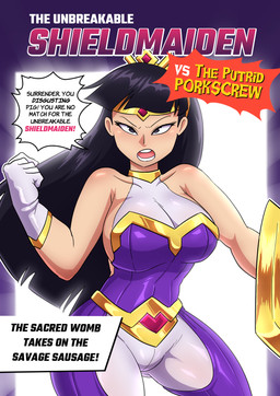 bangs big_breasts black_hair black_text bodysuit breasts clothed clothed_female clothed_human clothing collarbone crown determined female female_human fist gem gloves gold_(metal) gold_shield gold_tiara grey_eyes hair handwear headgear human_only long_hair not_furry open_mouth pink_text pink_tongue purple_bodysuit purple_clothing purple_skinsuit red_gem shield side_boob skinsuit solo superhero teeth text tiara tight_clothing tongue white_bodysuit white_clothing white_gloves white_handwear white_skinsuit wide_hips yellow_text lech_lewds instant_loss_2koma shieldmaiden_(lech_lewds) human mammal 2026 absurd_res english_text hi_res