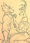 anthro bodily_fluids clothed clothing duo exposed_chest exposed_shoulder half-closed_eyes male male/male narrowed_eyes necktie on_lap open_clothing open_shirt open_topwear shirt sitting sitting_on_lap sweat sweatdrop topwear tying wuffinarts beastars legoshi_(beastars) louis_(beastars) canid canine canis cervine deer mammal red_deer wolf