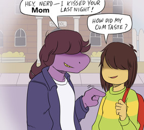 anthro backpack brown_hair clothed clothing dialogue dirty_talk duo female fully_clothed hair hair_over_eyes humor implied_incest jacket long_hair male outside parody purple_body sharp_teeth shirt smile speech_bubble taunting teeth text topwear porldraws deltarune undertale_(series) kris_dreemurr susie_(deltarune) human mammal reptile scalie english_text hi_res meme