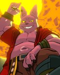 anthro belly clothed clothing fur grin jacket male navel open_clothing open_jacket open_topwear overweight purple_body purple_fur shirtless smile solo topwear yellow_eyes rasupo109 dragon_ball dragon_ball_super champa alien domestic_cat felid feline felis mammal 3d_(artwork) 4:5 absurd_res digital_media_(artwork) hi_res