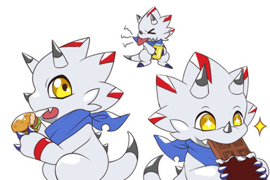 ambiguous_gender anthro burger candy chibi chocolate claws dessert eating emanata facial_horn food horn kerchief neckerchief neckwear nose_horn pupils simple_background solo sparkles star_pupils tongue tongue_out white_background white_body yellow_eyes lekun bandai_namco digimon digimon_ghost_game ceratopsian digimon_(species) dinosaur gammamon ornithischian prehistoric_species reptile scalie 3:2