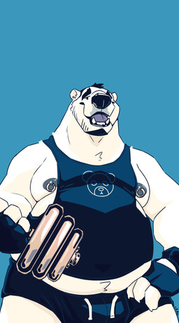 anthro belly big_belly blue_background blue_bottomwear blue_clothing blue_topwear bottomwear bulge clothed clothing ear_piercing exercise fangs front_view fur gauged_ear grey_nipples hand_on_hip looking_at_viewer male moobs nipple_piercing nipple_ring nipples obese obese_anthro obese_male open_mouth overweight overweight_anthro overweight_male piercing ring_piercing simple_background simple_eyes solo standing teeth topwear weightlifting white_body white_fur workout chocolateandmilk bear mammal polar_bear ursine absurd_res hi_res