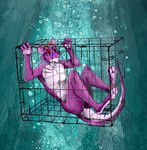 3_toes 4_fingers anthro asphyxiation cage claws cyanosis detailed_background digitigrade drowning ear_piercing feet fingers horn imminent_death male muscular muscular_male piercing purple_body red_eyes solo tail toe_claws toes trapped_in_cage underwater water jeffusherb fuzzysmore_(character) kobold scalie