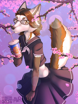 anthro beverage biped bottomwear bracelet bubble_tea cherry_blossom claws clothed clothed_anthro clothed_male clothing eyewear femboy fingers flower front_view fully_clothed fully_clothed_anthro fully_clothed_male fur glasses hair jewelry looking_at_viewer male plant prunus_(flower) ring solo standing tail topwear endemy21 monstercheetah alopek bubbletea canid canine fox mammal 2026 3:4 digital_drawing_(artwork) digital_media_(artwork) hi_res
