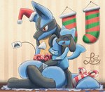 ambiguous_gender anthro blue_body blush blush_lines christmas_clothing christmas_headwear clothing eyes_closed hat headgear headwear holidays hug hugging_object hugging_plushie open_mouth paws plushie red_eyes santa_hat size_difference solo tongue lurio christmas nintendo pokemon canid canine generation_4_pokemon lucario mammal pokemon_(species) riolu 2022 dated hi_res signature