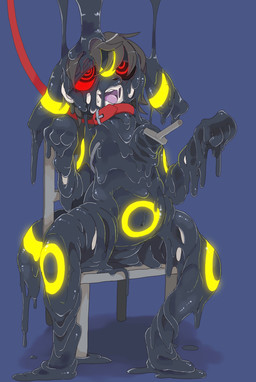 3_fingers ambiguous_gender anthro belly black_goo bodily_fluids chair collar dripping drooling fingers furniture glistening glistening_body glowing glowing_eyes glowing_markings goo-connected_lips goo_encasement goo_transformation hair half-closed_eyes human_to_feral hypnosis leash looking_pleasured looking_up markings mind_control narrowed_eyes navel on_chair open_mouth paws red_eyes ringed_eyes saliva saliva_string sitting sitting_on_chair slime sludge smile solo species_transformation sweat sweatdrop teeth tongue tongue_out torogao transformation winte nintendo pokemon eeveelution generation_2_pokemon goo_creature human mammal pokemon_(species) umbreon absurd_res hi_res