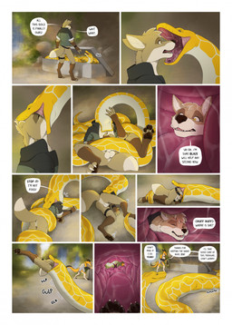 abdominal_bulge ambiguous_gender ambiguous_pred animal_genitalia anthro anthro_prey anus balls barely_inside betrayal black_horn bottomless brown_body butt clothed clothing coiling dialogue face_in_mouth feral feral_pred forked_tongue fully_inside genitals group head_first head_in_mouth horn internal looking_into_mouth male male/ambiguous male_prey muffled open_mouth oral_vore partially_inside scales sheath shirt soft_vore surprised tail text throat tongue topwear treasure_chest trio unwilling_prey vore yellow_body yellow_scales armorine mythology zev_(stihl-wolf) canid canine canis coyote dragon mammal mythological_creature mythological_scalie reptile scalie snake wingless_dragon character_request comic english_text hi_res