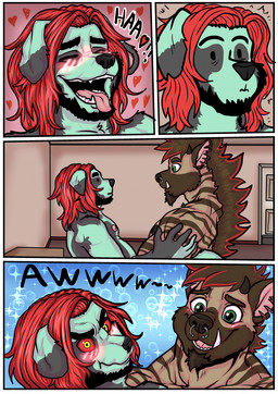 anthro awwing beard biped black_body black_fur black_hair blue_body blue_fur blush blush_lines brown_body brown_fur brown_hair dialogue facial_hair facial_piercing fangs fur goatee green_eyes hair heart_symbol hearts_around_head holding_partner horn implied_nudity inside male male/male mane moan multicolored_hair muscular muscular_anthro muscular_male nose_piercing notched_ear offscreen_sex overweight overweight_anthro overweight_male pattern_background piercing red_hair red_sclera septum_piercing sex simple_background sparkles speech_bubble standing standing_sex striped_body stripes teeth text two_tone_hair yellow_eyes kobu_art graffyeen kobu border_collie canid canine canis collie domestic_dog herding_dog hyena mammal pastoral_dog sheepdog striped_hyena 2021 comic english_text hi_res