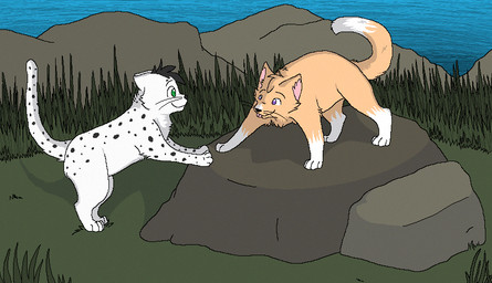 ambiguous_gender black_body black_fur black_nose black_spots black_whiskers blep detailed_background digitigrade duo ears_back eye_contact feral fur grass green_eyes head_tuft looking_at_another markings on_rock outside paws pink_inner_ear pink_tongue pivoted_ears plant purple_eyes raised_tail rock smile snout spots spotted_body spotted_fur standing standing_on_rock tail tan_body tan_fur tongue tongue_out toony tuft whiskers white_body white_fur sebdoggo warriors_(book_series) fan_character domestic_cat felid feline felis mammal 2011 aliasing cel_shading digital_drawing_(artwork) digital_media_(artwork) microsoft_paint_(artwork) shaded
