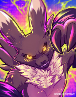 alternate_color anthro arm_tuft armwear armwear_only black_body black_fur black_sclera bridal_gauntlets chest_tuft claws clothing detailed_background dipstick_ears ear_markings facial_markings fangs fur head_markings looking_at_viewer markings mostly_nude multicolored_ears shoulder_tuft solo teeth text tuft white_body white_fur yellow_eyes chakisuu bandai_namco digimon fan_character digimon_(species) 2024 artist_name hi_res