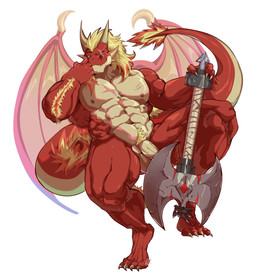 abs axe balls barazoku biceps blonde_hair genitals hair horn male muscular muscular_male nipples nude pecs penis pubes red_body simple_background tail weapon wings fuyifuji mythology dragon mythological_creature mythological_scalie scalie absurd_res hi_res
