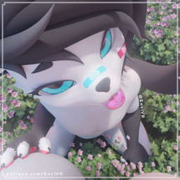 anthro band-aid bandage black_body black_fur black_hair black_nose blep blue_eyes eyelashes flower fur grass hair kneeling looking_at_viewer male plant smug solo tongue tongue_out white_body white_fur envivr caracal caracal_(genus) felid feline mammal 1:1 3d_(artwork) absurd_res blender_(artwork) blender_cycles_(artwork) digital_media_(artwork) hi_res