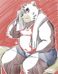 anthro belly black_nose bottomwear clothing male overweight overweight_anthro overweight_male shirt shorts sitting solo topwear kamui_shirow delivery_bear_service boss_(kamui_shirow) american_black_bear bear black_bear kermode_bear mammal ursine 2021 absurd_res hi_res