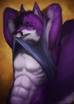 abs anthro athletic biceps biped bite black_hair black_nose blue_eyes chest_tuft clothed clothing clothing_lift ear_piercing fangs flexing fur grin hair hands_behind_head male mouth_hold muscular muscular_anthro pecs piercing pose purple_body purple_fur purple_hair rope shirt shirt_in_mouth shirt_lift smile solo standing tank_top teeth topwear tuft white_body white_fur reddyeno5 shyloc canid canine canis fox hybrid mammal wolf 2012 digital_media_(artwork) half-length_portrait portrait