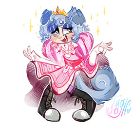 blue_hair clothed clothed_male clothing crown female footwear hair headgear male princess royalty solo tail oxy_frg canid canine canis domestic_dog human humanoid mammal hi_res