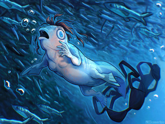 ambiguous_gender bikini blue_body blue_eyes blue_scales breasts brown_hair clothing discarded_clothing female feral fin genitals group hair human_to_feral mid_transformation nude open_mouth scales shrinking size_transformation species_transformation swimwear tail transformation two-piece_swimsuit underwater vulva water mkiiiconvertible aquatic fish human mammal 2025 digital_media_(artwork)