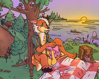 alcohol ambiguous_gender antennae_(anatomy) anthro bedding beverage big_feet blanket blush blush_lines body_hair bottomless breath butt butt_grab chest_tuft clothed clothing curling_toes drunk duo ear_tuft eye_roll eyes_closed feet fellatio green_eyes gripping_hair hair hand_on_butt happy_trail holding_head inner_ear_fluff looking_pleasured male male/ambiguous male/male open_clothing open_shirt open_topwear oral orange_body outside panting pawpads paws penile pink_hair sex shaking shirt spread_legs spreading substance_intoxication sunset tongue tongue_out topwear trembling tuft voyeur white_hair yellow_body wwormguts fritz_(totalstinker) froople_(totalstinker) ambiguous_species canid canine felid feline mammal unknown_species 5:4
