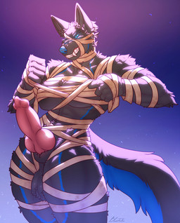 abs animal_genitalia animal_penis anthro balls big_balls big_breasts big_penis blue_eyes blue_markings blue_nose breasts canine_genitalia canine_penis clothing costume erection eyebrows fighting_pose fist fluffy fluffy_tail fur genitals gradient_background grey_body grey_fur gynomorph halloween_costume holidays intersex knot knotted_penis looking_at_viewer markings mummy_costume mummy_wrappings muscular muscular_gynomorph muscular_intersex muscular_thighs penis pointy_ears pose prick_ears raised_fist raised_hand saggy_balls sheath simple_background snarling solo tail teeth text thick_thighs bluetashi halloween null_(nullthewolf) canid canine canis mammal wolf artist_name digital_media_(artwork) hi_res portrait three-quarter_portrait