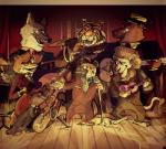 anthro bear bowed_string_instrument brass_instrument canid canine canis cello disney drum drum_set felid fox group guitar hi_res hyena lion lute male mammal music musical_instrument mustelid nicolaswildes_(artist) otter pantherine percussion_instrument plucked_string_instrument saxophone spotted_hyena string_instrument tiger trumpet ukulele wind_instrument wolf woodwind_instrument zootopia
