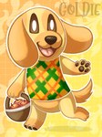 anthro apple basket bottomless brown_nose brown_sclera clothed clothing container female food fruit fur gloves_(marking) leg_markings looking_at_viewer markings open_mouth open_smile pattern_clothing pawpads plaid plaid_clothing plant smile solo tongue walking yellow_body yellow_fur wienerdogworks animal_crossing nintendo goldie_(animal_crossing) bird_dog canid canine canis domestic_dog golden_retriever hunting_dog mammal retriever 2022 digital_drawing_(artwork) digital_media_(artwork) full-length_portrait hi_res portrait female_(lore)