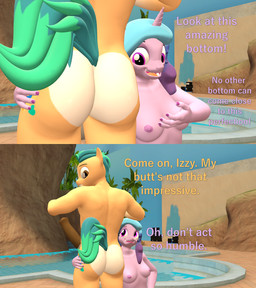 2_panel_comic animal_genitalia animal_penis anthro breasts butt butt_focus butt_heart cutie_mark dialogue duo equine_genitalia equine_penis female genitals horn male male/female nipples nude penis poolside text papadragon69 friendship_is_magic hasbro mlp_g5 my_little_pony mythology hitch_trailblazer_(mlp) izzy_moonbow_(mlp) earth_pony equid equine horse mammal mythological_creature mythological_equine pony unicorn 3d_(artwork) digital_media_(artwork) english_text hi_res source_filmmaker_(artwork)