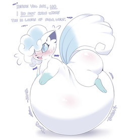 belly big_belly blue_sclera butt female feral fur huge_belly immobile inflation lying lying_on_self on_front simple_background solo text white_background white_body white_fur dwps nintendo pokemon alolan_form alolan_vulpix generation_7_pokemon pokemon_(species) regional_form_(pokemon) 2025 hi_res