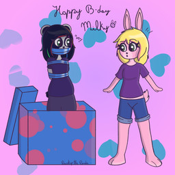 anthro bdsm birthday black_hair blonde_hair bondage bound box clothing container duo etvr2r female fur gift green_eyes hair pink_body surprised white_body white_fur anonymous_artist milky_rivas bear giant_panda lagomorph leporid mammal rabbit hi_res