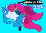 anal anthro anus balls blue_background blue_body blue_fur bodily_fluids cum duo ejaculation erection eyes_closed fur genital_fluids genitals green_body male male/male nipples penis pink_body pubes sex simple_background text white_body white_fur spazz_bear barney_and_friends pbs barney_the_dinosaur jonathan_husky canid canine dinosaur mammal prehistoric_species reptile scalie 2021 english_text hi_res