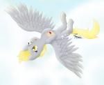 blonde_hair cutie_mark derpy_hooves_(mlp) equid equine feathered_wings feathers female feral flying friendship_is_magic fur grey_body grey_feathers grey_fur hair hasbro hi_res hooves mammal my_little_pony mythological_creature mythological_equine mythology pegasus pucksterv smile solo wings yellow_eyes