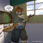 3d_background anthro blush bottomwear chest_tuft clothed clothing clothing_lift denim denim_bottomwear denim_clothing denim_shorts dialogue eyewear fingerless_gloves glasses gloves hair handwear light male messy overweight shirt shirt_lift shorts smile solo speech_bubble stained stained_clothing sunlight tail text topwear tuft young young_anthro young_male jackthorn jackal_pawpad canid canine canis jackal mammal 1:1 2014 3d_(artwork) digital_media_(artwork) signature