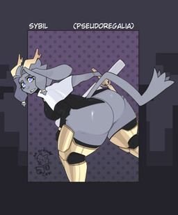 anthro armored_boots big_butt black_clothing black_shirt black_topwear bottomless bottomless_anthro bracelet bubble_butt butt clothed clothing eyelashes eyeliner female fur grey_body grey_fur horn jewelry looking_back makeup melee_weapon shirt simple_background solo sword thick_thighs topwear weapon an_ordinary_cat pseudoregalia sybil_(pseudoregalia) bovid caprine goat mammal absurd_res hi_res