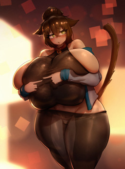 bell bell_collar big_breasts bodily_fluids breast_squish breasts cat_tail clothed clothing collar ears_down female huge_breasts huge_thighs hyper hyper_breasts looking_away navel nervous nervous_sweat open_mouth pivoted_ears shy solo squish sweat thick_thighs tight_clothing drawncraft1 felid feline humanoid mammal 2025 absurd_res digital_drawing_(artwork) digital_media_(artwork) hi_res shaded